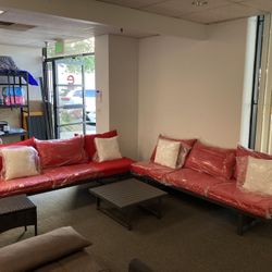 New 3-pc Aluminum Sofa Set In Red, Patio Conversation Seating Group 82.68"W x 28.35"'D x 27.56"'H Table: 27.56"L x 27.56"W x 11.81"H