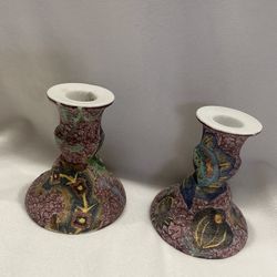 Two Vintage Hand Painted Asian Candle Holders 