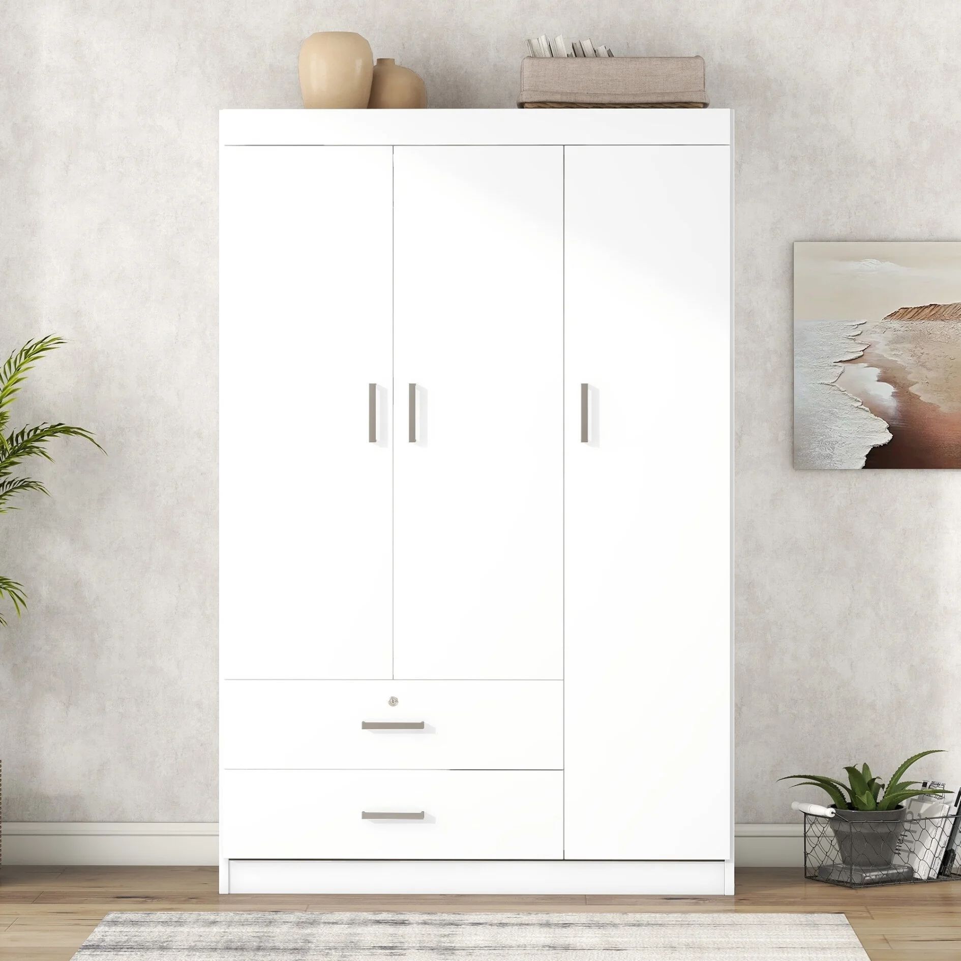 41" (W) White 3-Door Wardrobe Closet / Armoire w/ 2-Drawers (Lockable) / Storage / Hanging Rod [NEW] **Retails for $400 <Assembly Req>