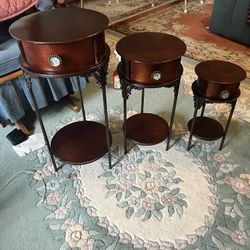 Antique Set Table Wood With Metal 3 Each With Drawer 