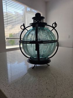 Pier 1 Imports Aqua Blue Crackle Glass Onion Lantern – Beautiful Condition!