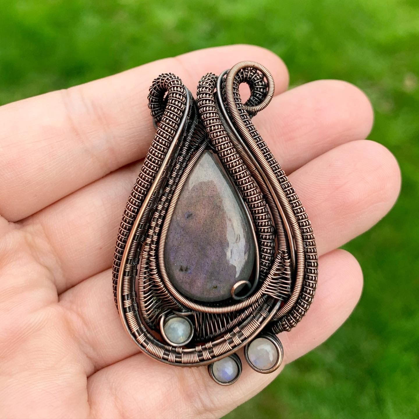 Wire wrapped Labradorite and moonstone pendant