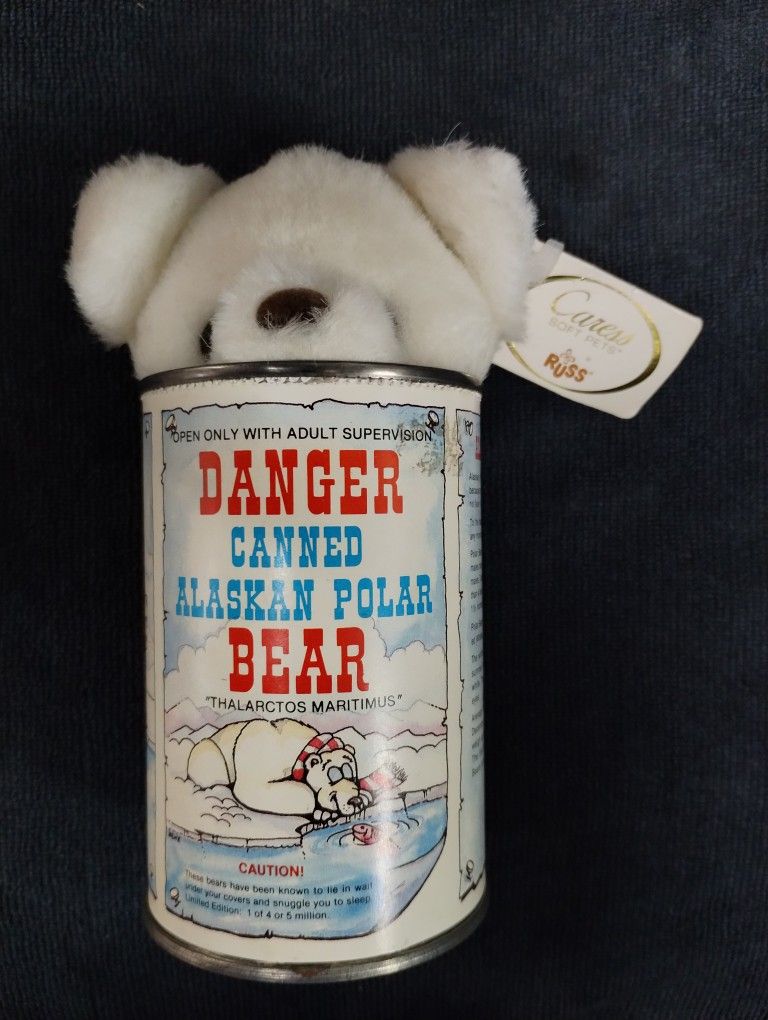 Vintage Russ Canned Alaskan Polar Bear plush toy, Caress Soft Pets, 1988