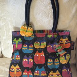 Vintage Laurel Burch Large Tote Bag Purse  Cat Print Wood Details