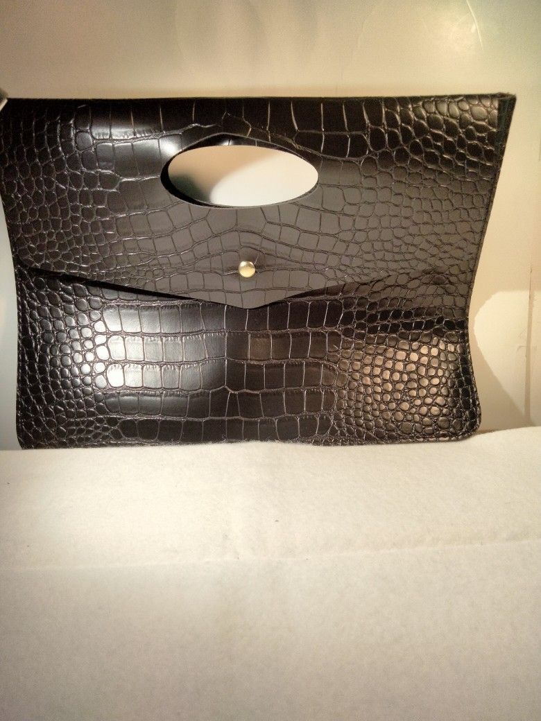 Women's Black Leather Crocodile Clutch 