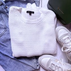 White Textured Crew Neck Sweater