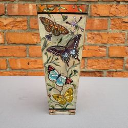 Amia Stained Glass Hand Painted Butterflies on Flowers 4-Sided Tapered Vase