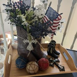 Cowboy Boot Floral Arrangement Tray Centerpiece 