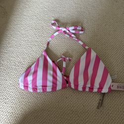 New Womens Medium Victoria Secret Pink White Striped Swim Bikini Top 