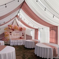 Draping——tables——chairs——tent——balloongarland——