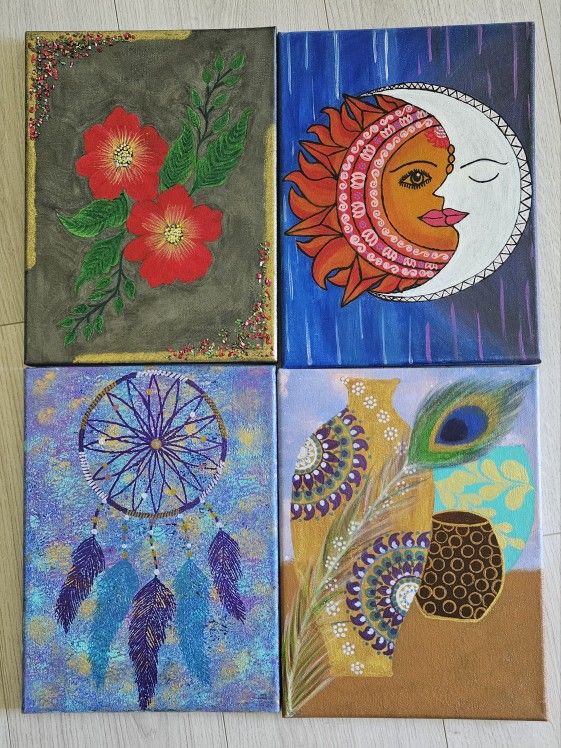 Set Of 4 Hand-paintings on Canvas.