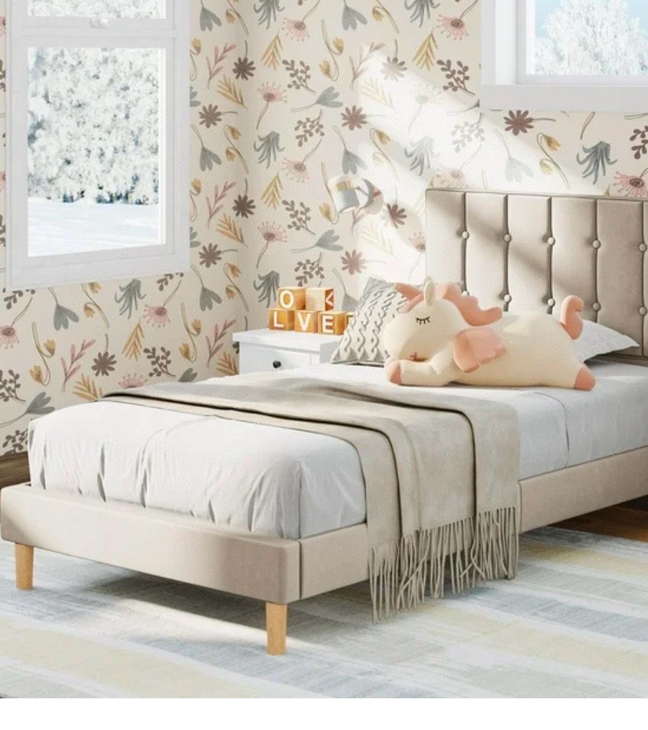 Twin Bed Frame with Upholstered Headboard, No Box Spring Needed, Beige Sturdy Metal construction: Load capacity up to 880lbs, this twin bed