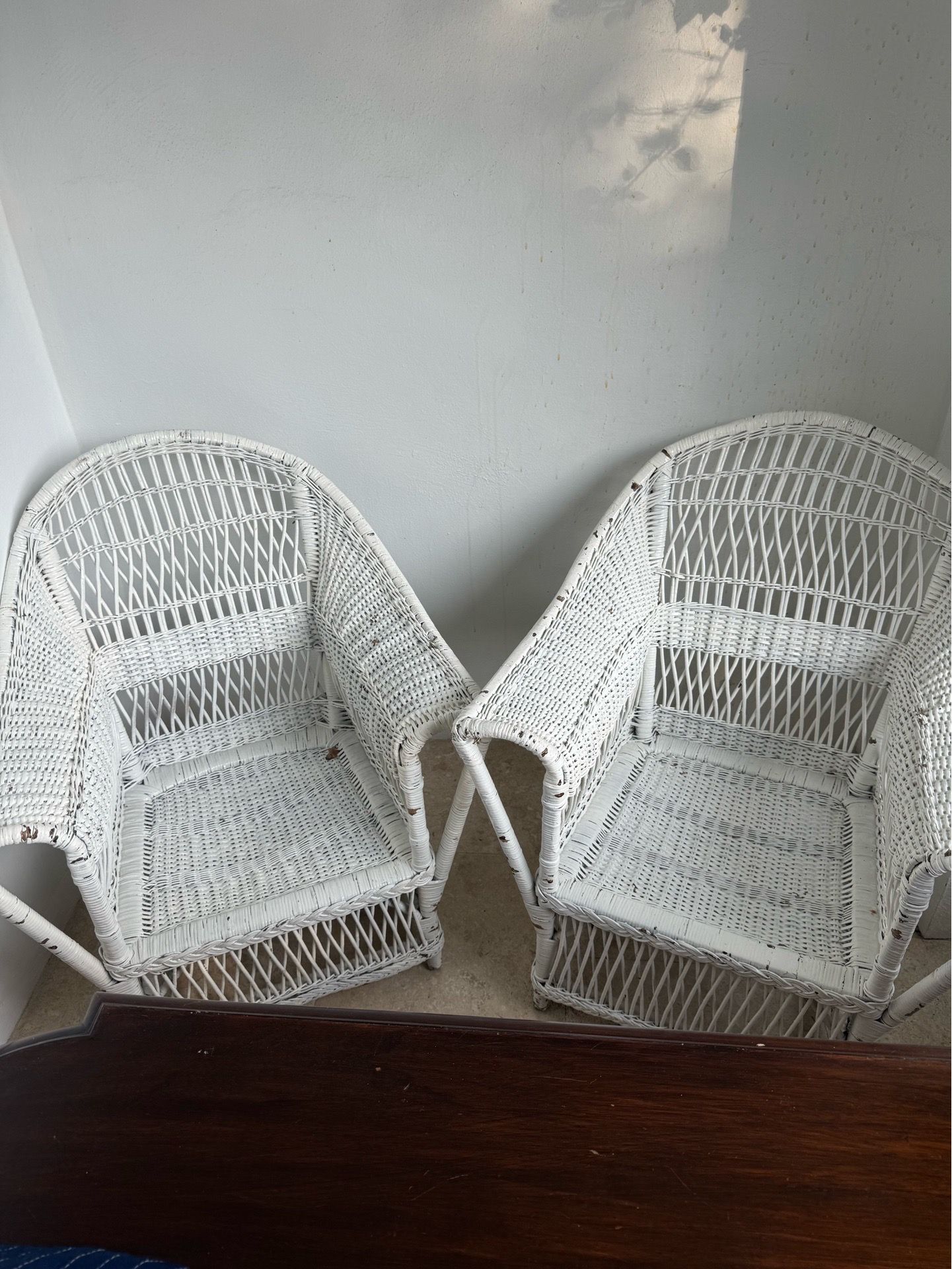 Pair of Vintage White Wicker Armchairs