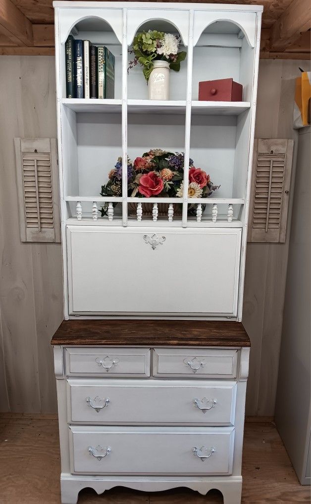 Vintage Farmhouse White Secretary Desk Bookshelf