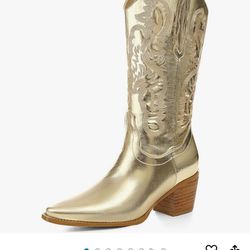Embroidered Metallic Cowboy Boots for Women Stitching Western Boots Stacked Heel Mid Calf Boots Pull on $30 size 9