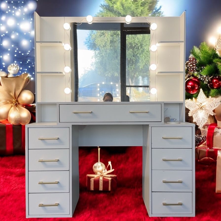 Large Vanity Desk with Mirror, Charging Station, LED Lights and Glass Top Table Set, White