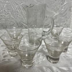 Vintage Clear Glass Cocktail Pitcher & Glasses