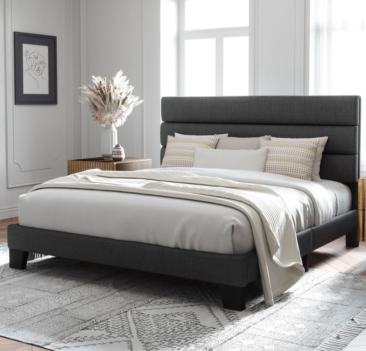 King Platform Bed with Fabric Upholstered Headboard