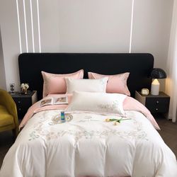 New Embroidered Cotton Duvet Cover Set Queen Elegant Tulip Embroidery Bedding 3 Pcs, 1 Comforter Cover 2 Pillowcases Zipper Soft and Breathable 