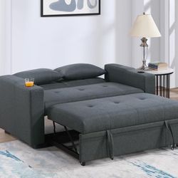 Brand New Dark Or Light Grey Gray Pull Out Convertible Futon Sofa Bed A With Cup Holders On Both Arm Rest