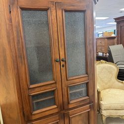 Tall Vintage tall wooden corner cabinet W/ Frosted Glass Door Panels - 51” x 74” - Excellent Condition 