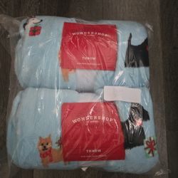 2 Holiday Plush Dog/Animal Print Blanket Throw 
