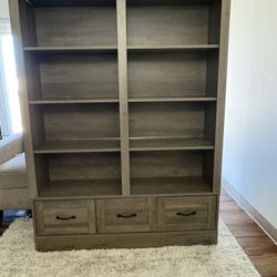 Farmhouse Double Wide Bookcase w/ Drawers – Large Wood Storage Shelf Cabinet