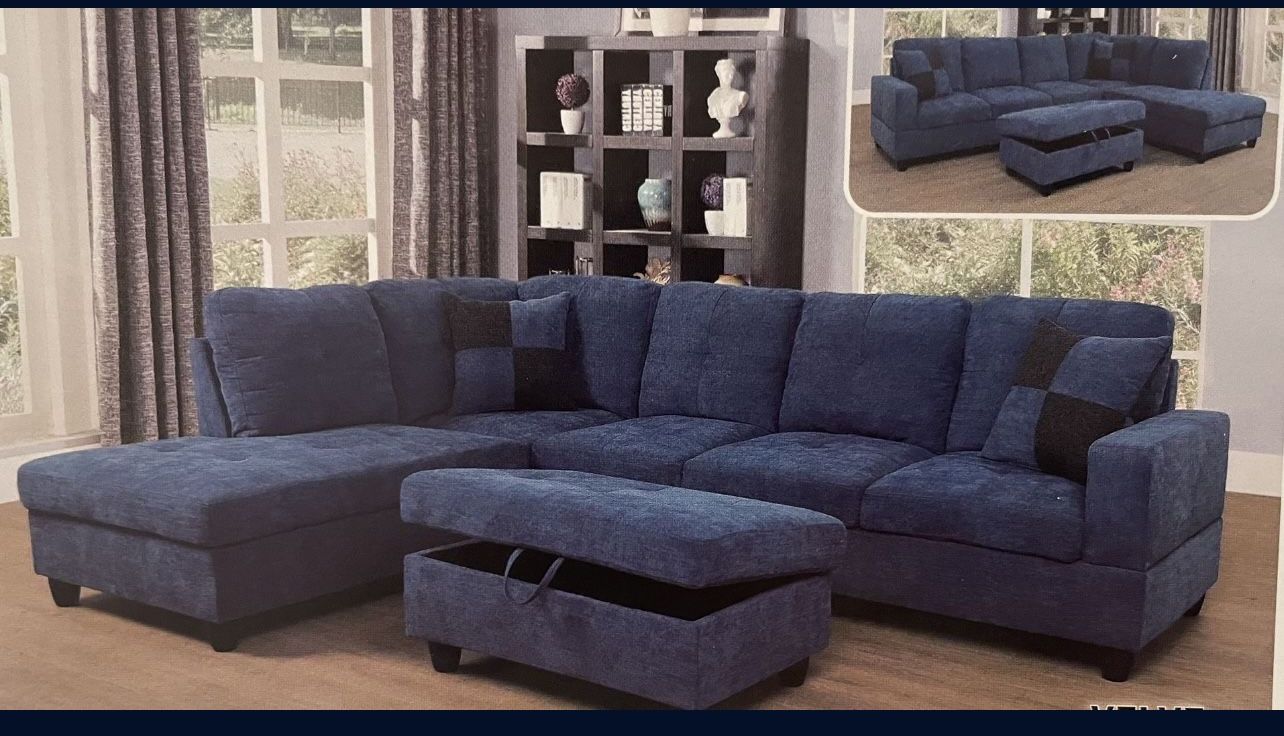 Blue Microfiber Sectional Couch And Ottoman