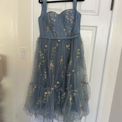 *Never Worn* Dusty Blue Tulle Embroidered Tea Length Dress