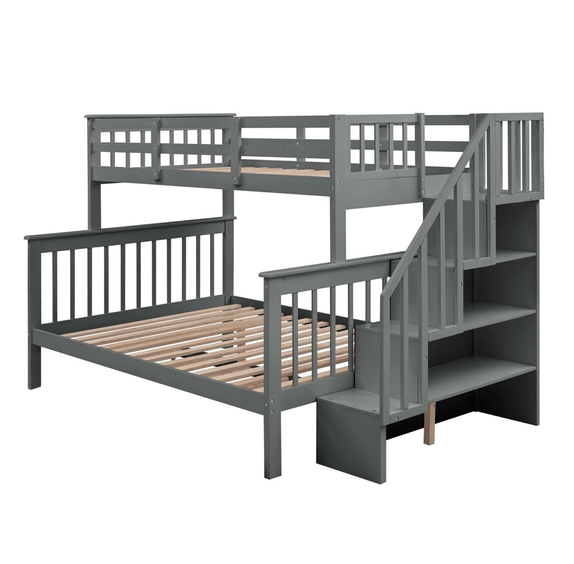 Stairway Bunk Beds Twin Over Full with 4-Step Stairs and Under-Step Storage Shelves, Gray