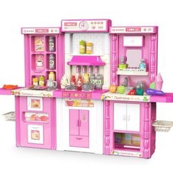 Kids Kitchen playset, Play Kitchen for Kids Ages 4-8, Accessories Set with Realistic Lights and Sounds, Simulation of Spray and Play Sink, Kitchen Set