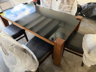 Solid Hardwood Dining Table Set w/ Tempered Glass Top + 6 Chairs – Modern Style