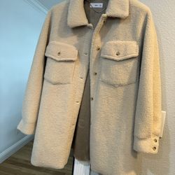 Mango Sherpa Shacket Faux Fur Shearling Oversized Jacket Beige Lined Large