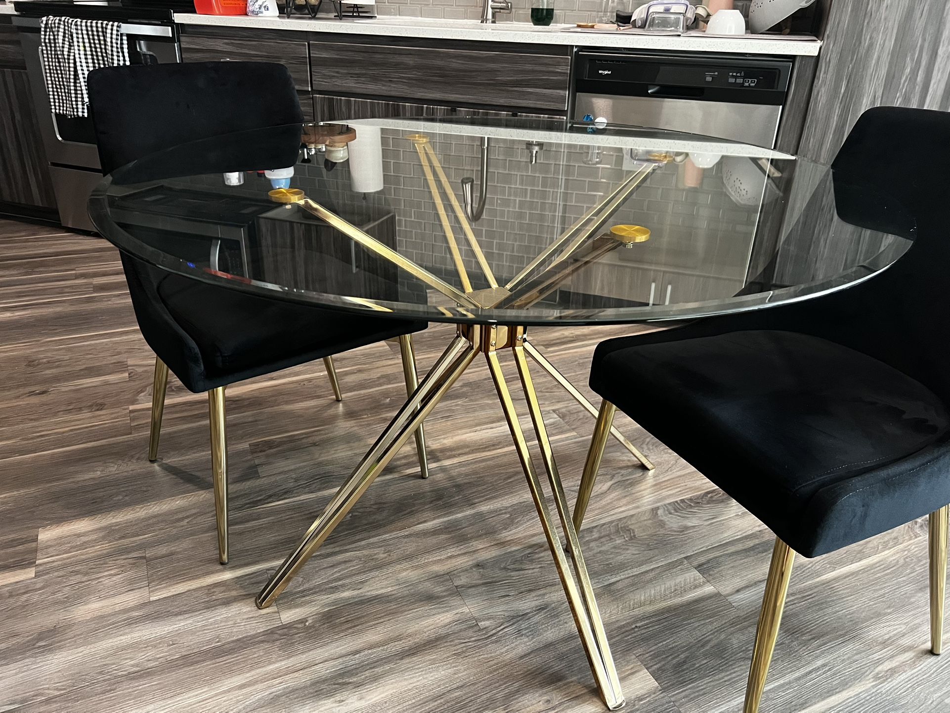 Modern Glass Dining Table + 2 Black Velvet Chairs β Gold Legs
