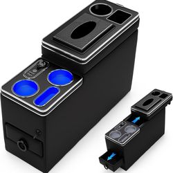 Car Center Console Organizer for SUV Minivan w/ USB Charging Cup Holders LED Light Storage Box