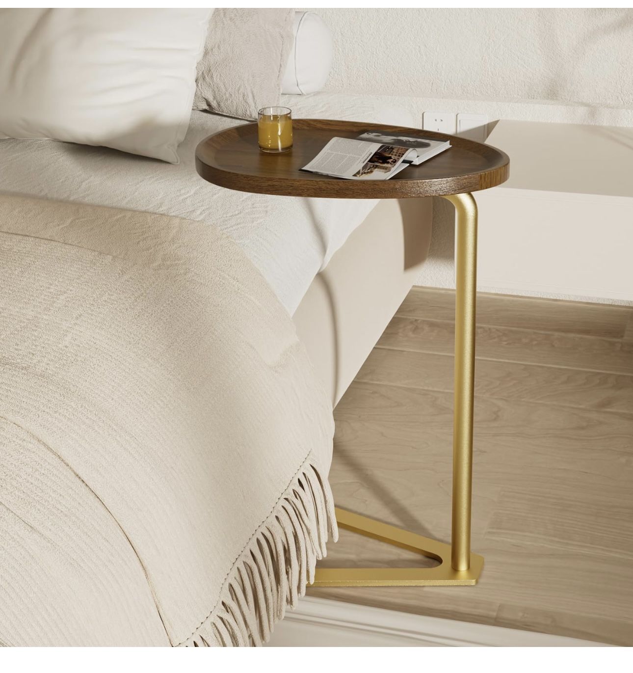 Modern V Shaped Side Table, NarrowSide Gold End Bedside Desk, Coffee Table Wood Stand Walnut Colour 