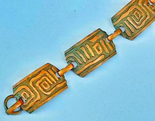 1950s mid century modern FLINTSTONES copper bracelet with tribal art designs 7"