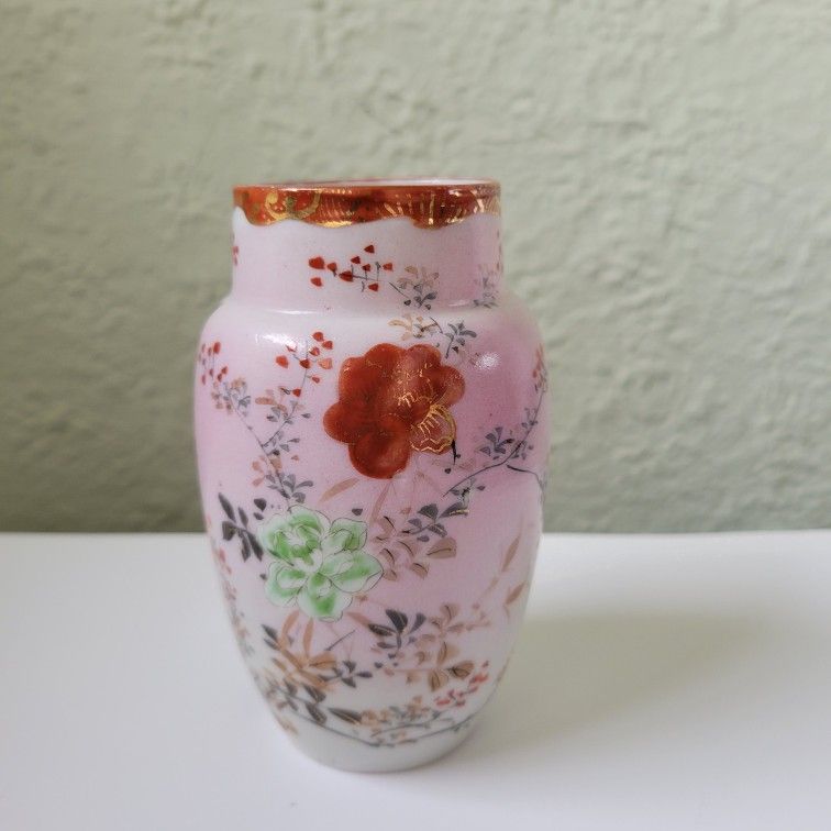 Vintage Japanese Pink Small Vase 5" With Birds And Flowers, good condition, no chips or cracks, light crazing on the bottom