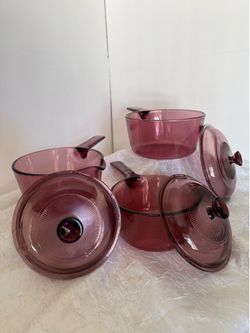 VINTAGE VISION CRANBERRY GLASS 1.5 L SAUCE POT W LID & 2 1L w lids 6 pcs  $115