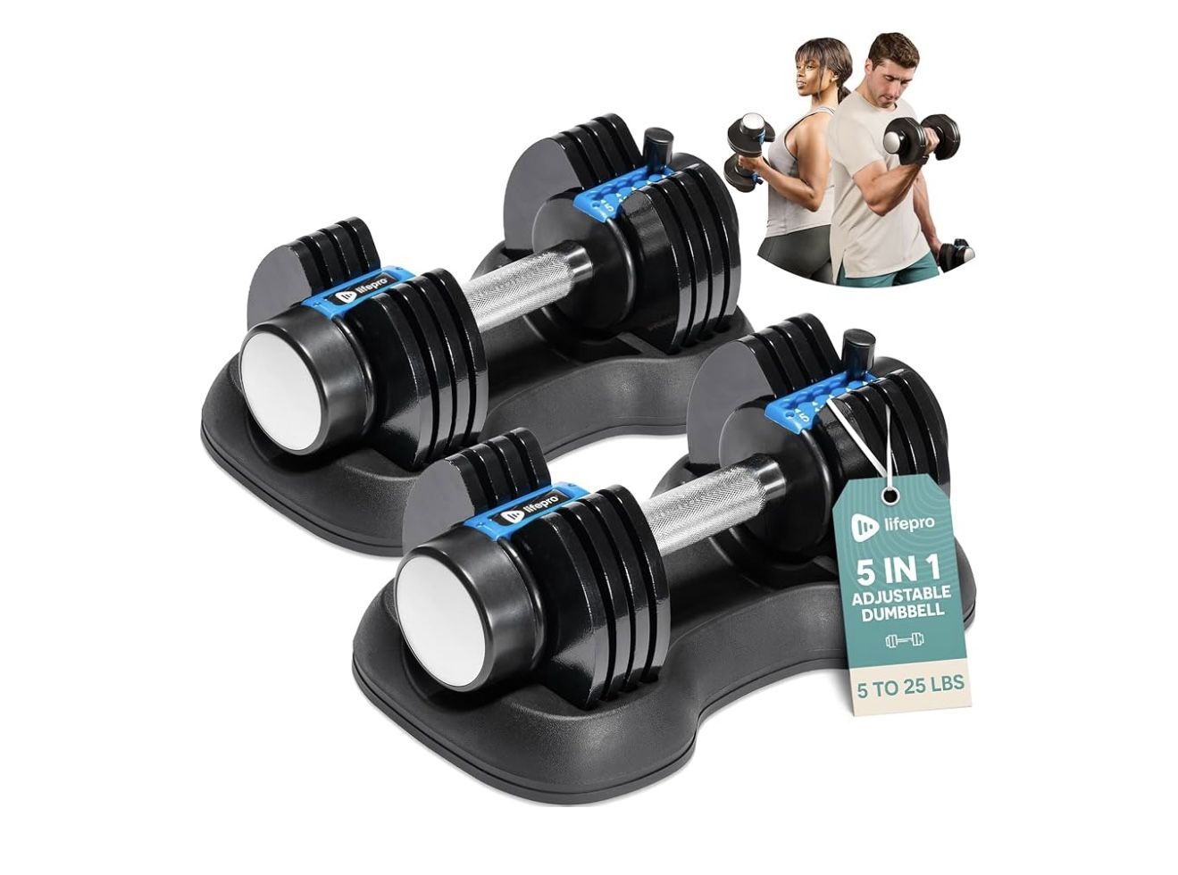 NEW! Set of 2 adjustable dumbbells - Each adjusts from 5lbs to 25lbs (total max weight is 50lbs)