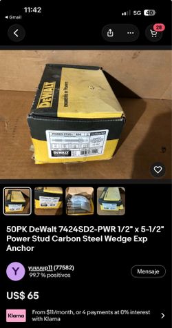 50PK DeWalt 7424SD2-PWR 1/2" × 5-1/2" Power Stud Carbon Steel Wedge Exp Anchor