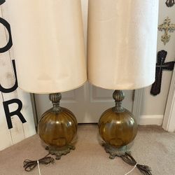 2x Vintage Hollywood Regency MCM Amber Glass Globe Diffuser Brass Table Lamp 