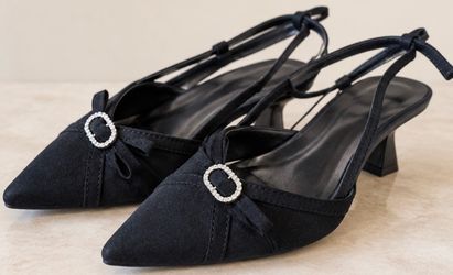 Black Suede Slingback Heels with Rhinestone Buckle