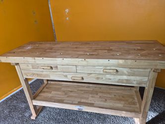 Wooden Workbench with Drawers and Bottom Shelf