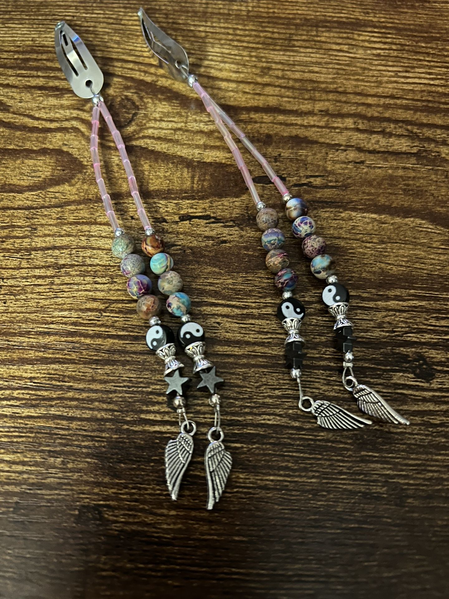 Silver Hair Clips With Beads And Wing Charms 