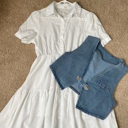Women White Dress with Cute Jean Vest