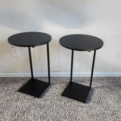 Set of 2 Black Steel and Wooden C-Shaped End/Side Tables with Shelf