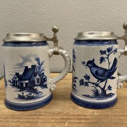 Authentic German Beer Stein Pair With Pewter Lids