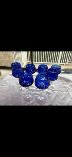 Vintage Cobalt Blue Cut to Clear Crystal Wine Goblets – Set of 8