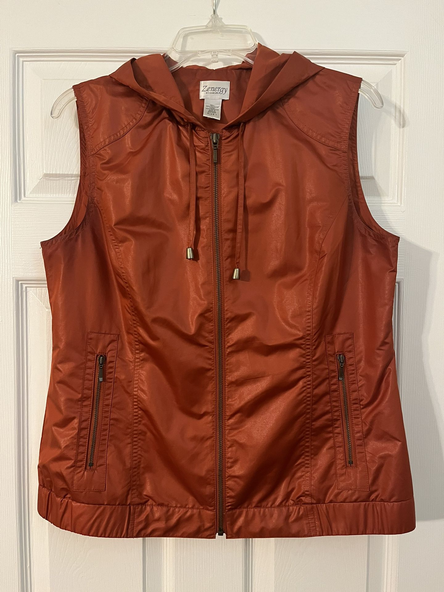 Zenergy by Chico’s Burnt Orange Zipperedi Vest Jacket with Hoodie Soft Silky Size 1 Small